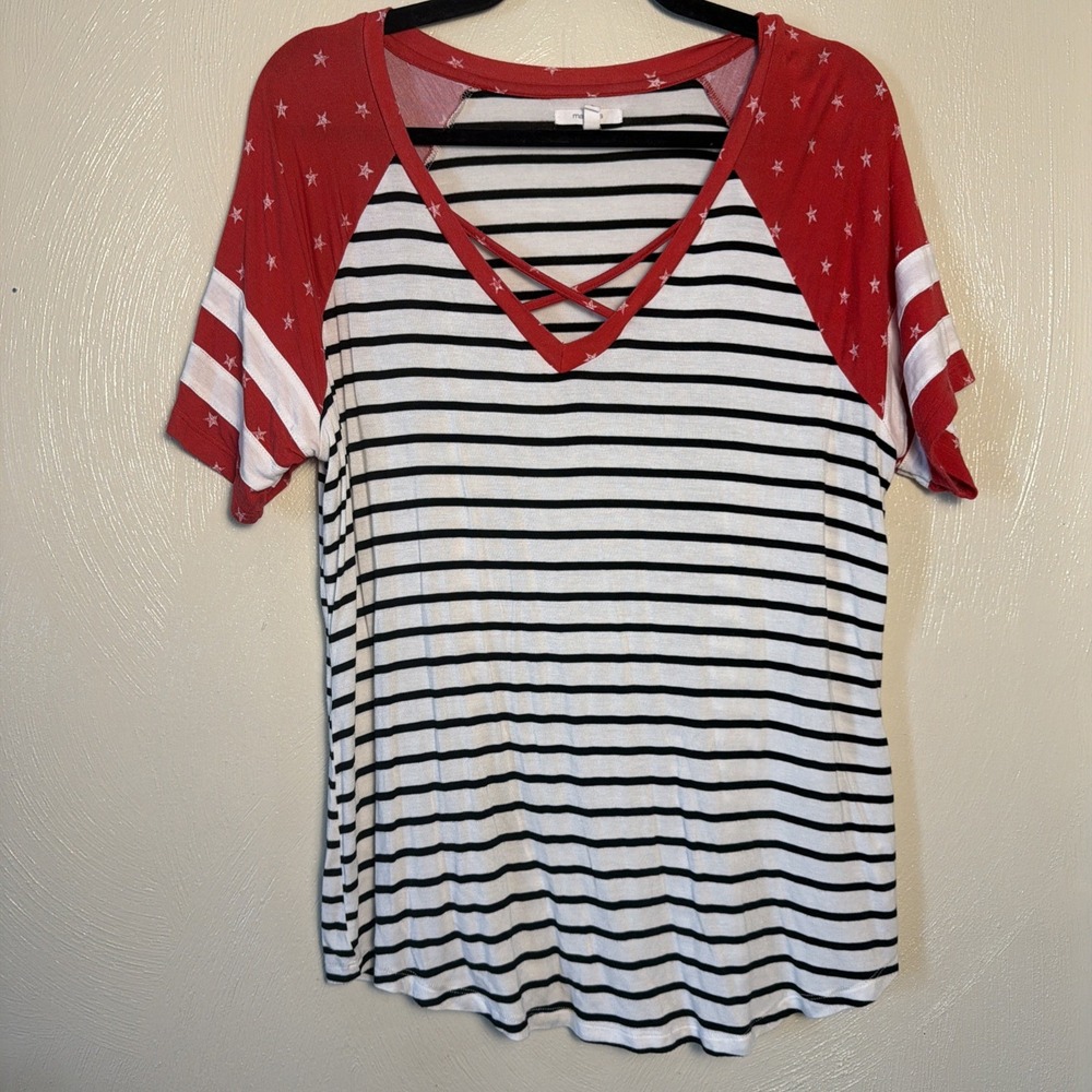 Maurices Raglan Tee Strappy V-Neck L Red White Blue Stars Stripes Americana 4th